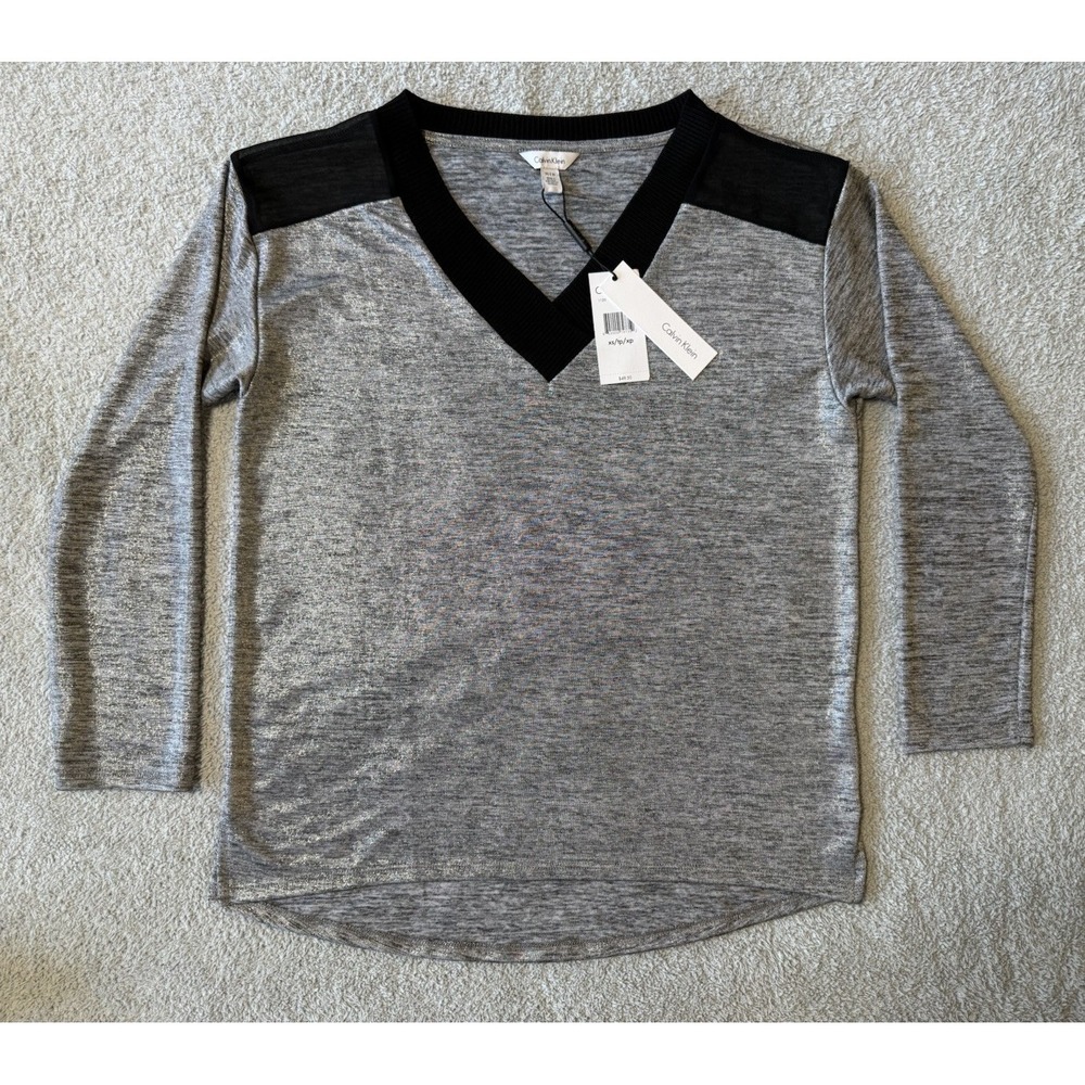NWT Calvin Klein 3/4‎ Sleeve Top Silver/Black Womens Size XS